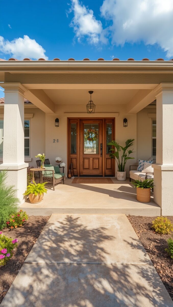 Welcoming covered front porch of a stucco home with wooden front door, seating areas, and tropical plants under blue sky