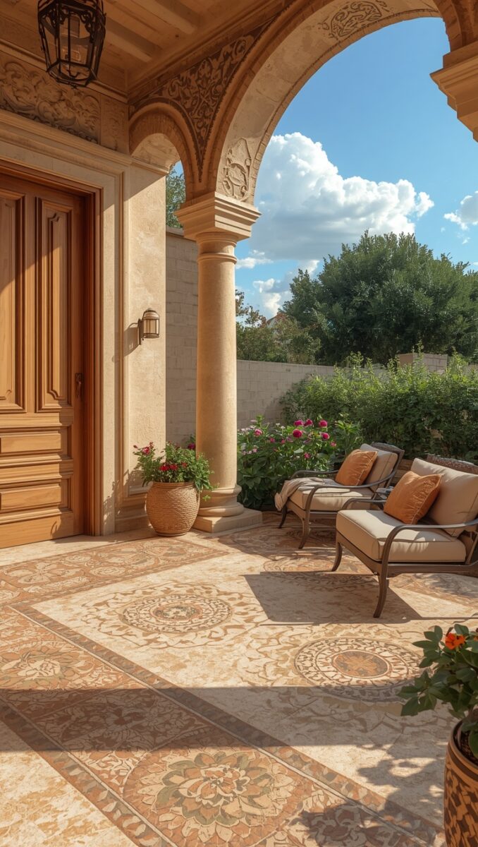 Elegant Mediterranean-style covered porch with ornate stone arches, mosaic tile floor, and outdoor seating area