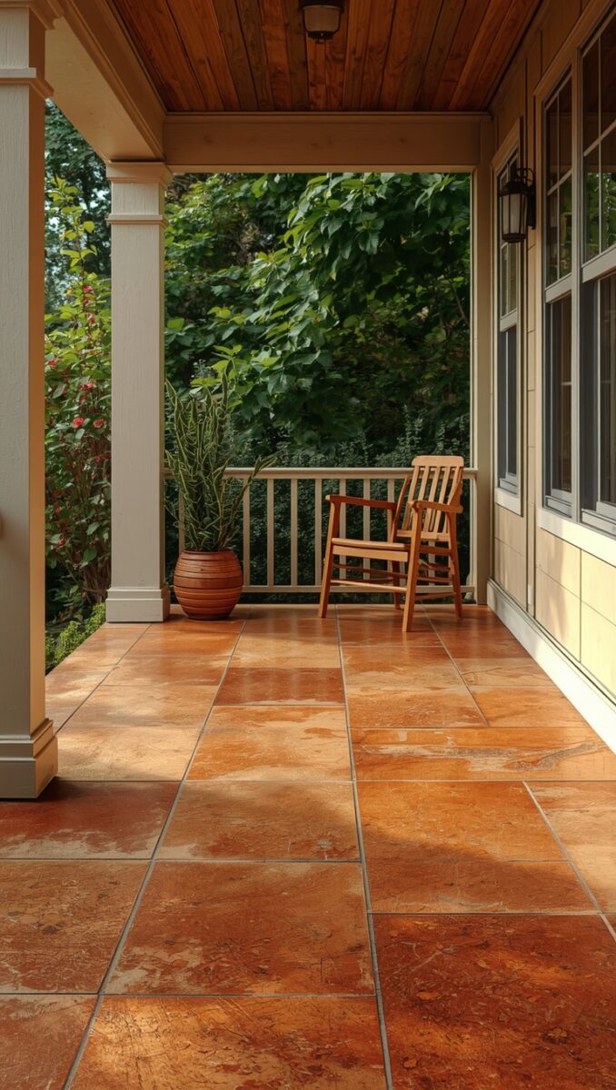 Covered front porch with terracotta tile flooring, wood ceiling, white columns, wooden chair, and potted plant with lush green trees