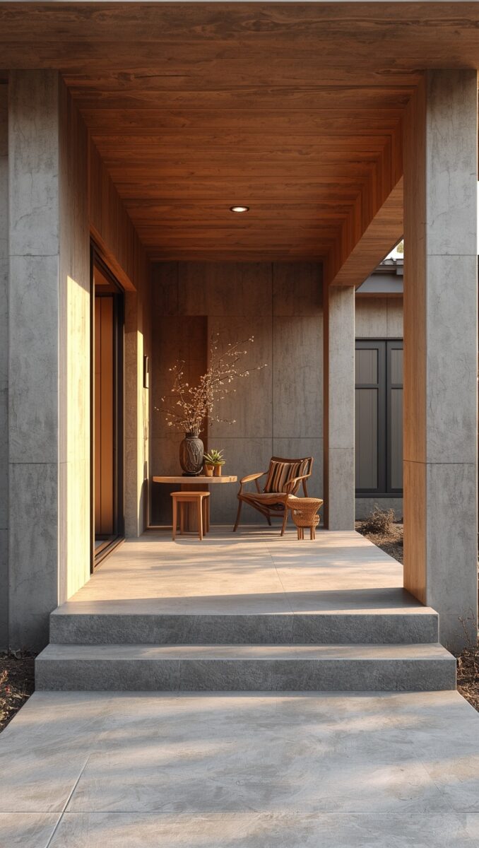 Modern home entryway with concrete walls, warm wood ceiling, wooden chair, decorative vase with branches, and concrete steps