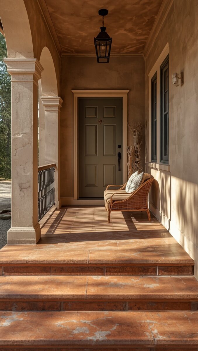 Elegant Mediterranean-style front porch with terracotta tile steps, wicker chair, arched column, and olive green front door