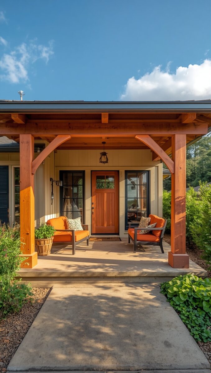 Craftsman-style front porch with cedar timber frame, two orange outdoor chairs, and wood front door surrounded by lush greenery