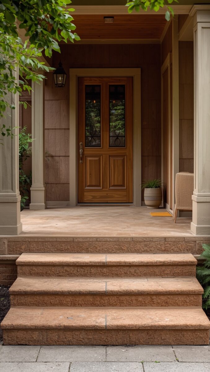 Elegant craftsman home entrance with wood front door, stone steps, covered porch, and lantern light fixture