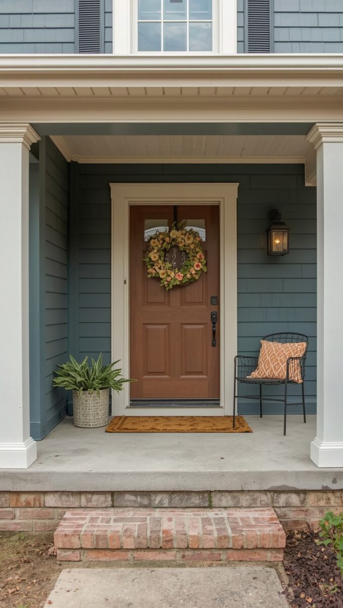 Blue craftsman home exterior with brown front door, floral wreath, potted plant, black chair, and brick steps