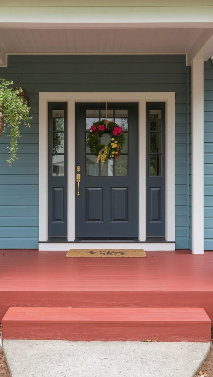 Navy blue front door with floral wreath on blue-gray house with red painted porch steps and gold hardware