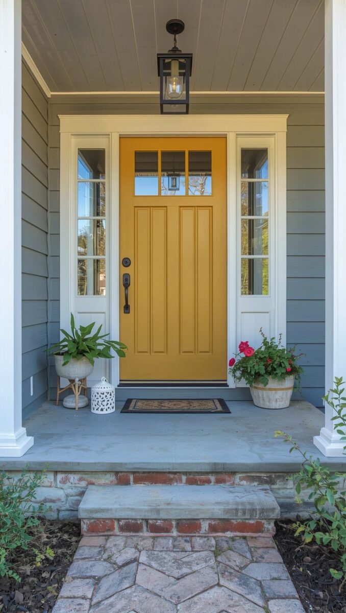 Yellow craftsman front door with sidelights on gray house with brick steps and potted plants