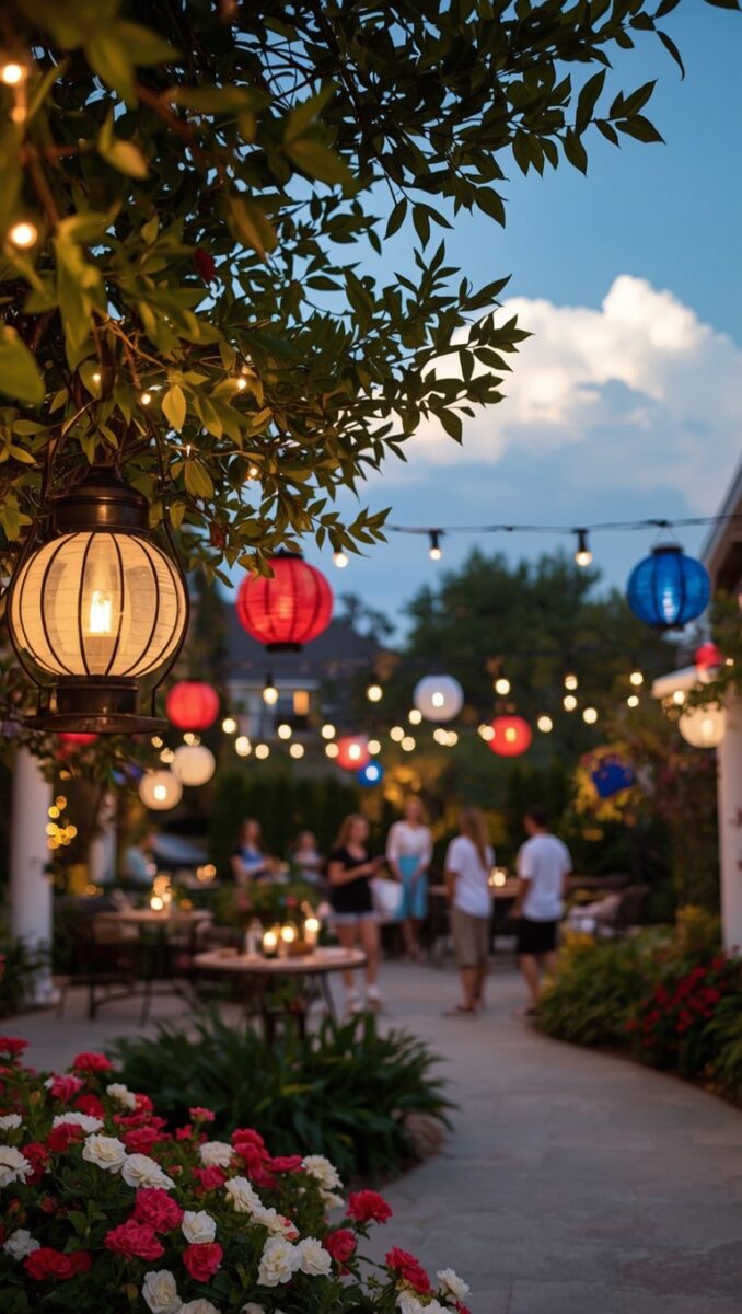 Backyard evening party with red, white, and blue paper lanterns and string lights over a patio with guests