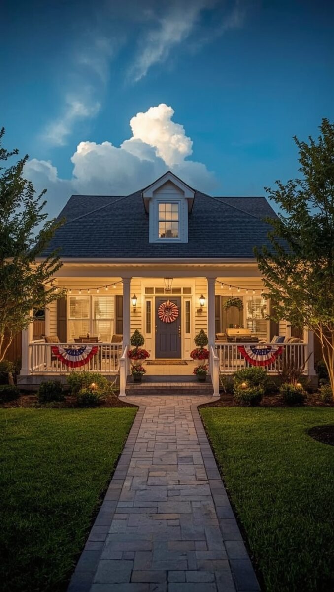 Charming white cottage-style home with patriotic red white blue bunting decorations stone walkway and wrap-around porch at dusk