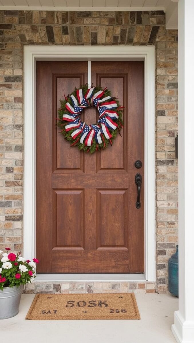 Wooden front door with patriotic red white and blue American flag wreath on brick home exterior with flower pot and doormat