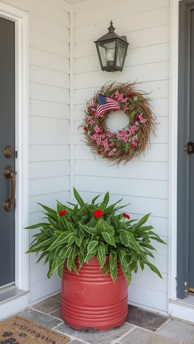 Patriotic front porch with twig wreath featuring American flag and red flowers, red barrel planter with lush green foliage
