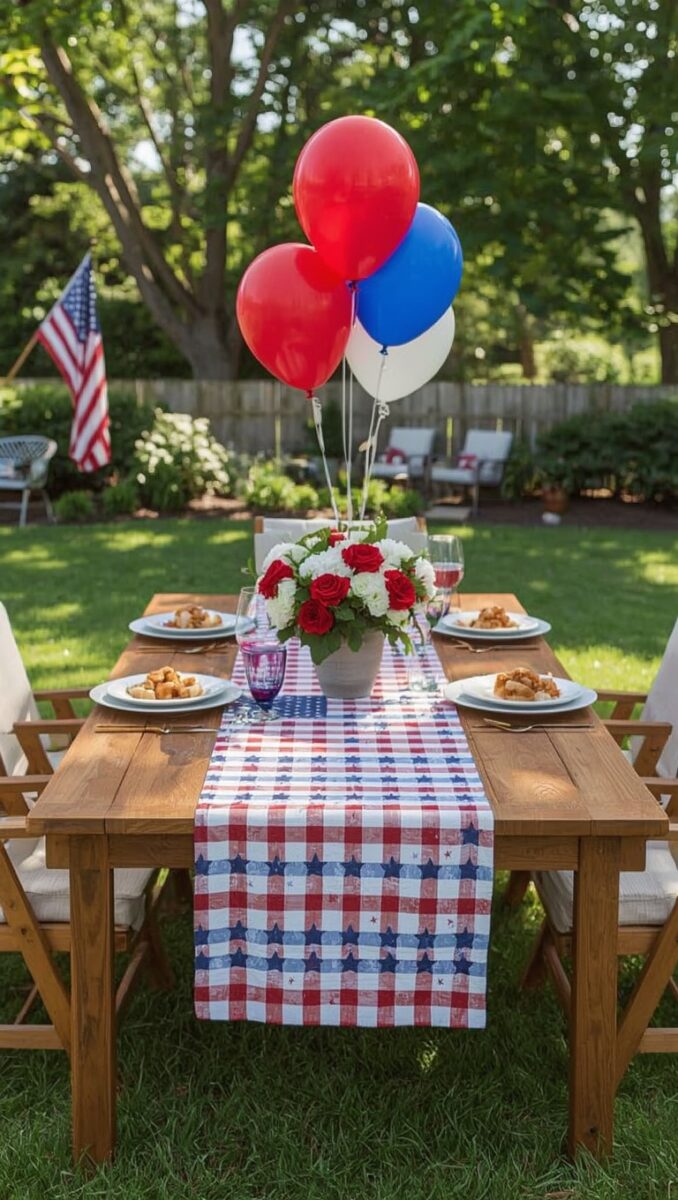 Patriotic outdoor dining table with red white blue balloons American flag and floral centerpiece in backyard