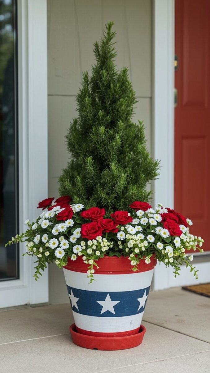 Patriotic red white and blue flower pot with evergreen tree red roses and white daisies on a front porch