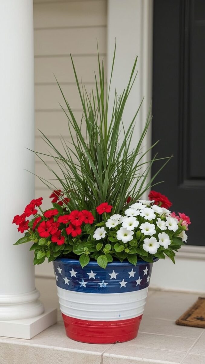 Patriotic red white and blue star-spangled flower pot with red geraniums white petunias and tall ornamental grass on porch