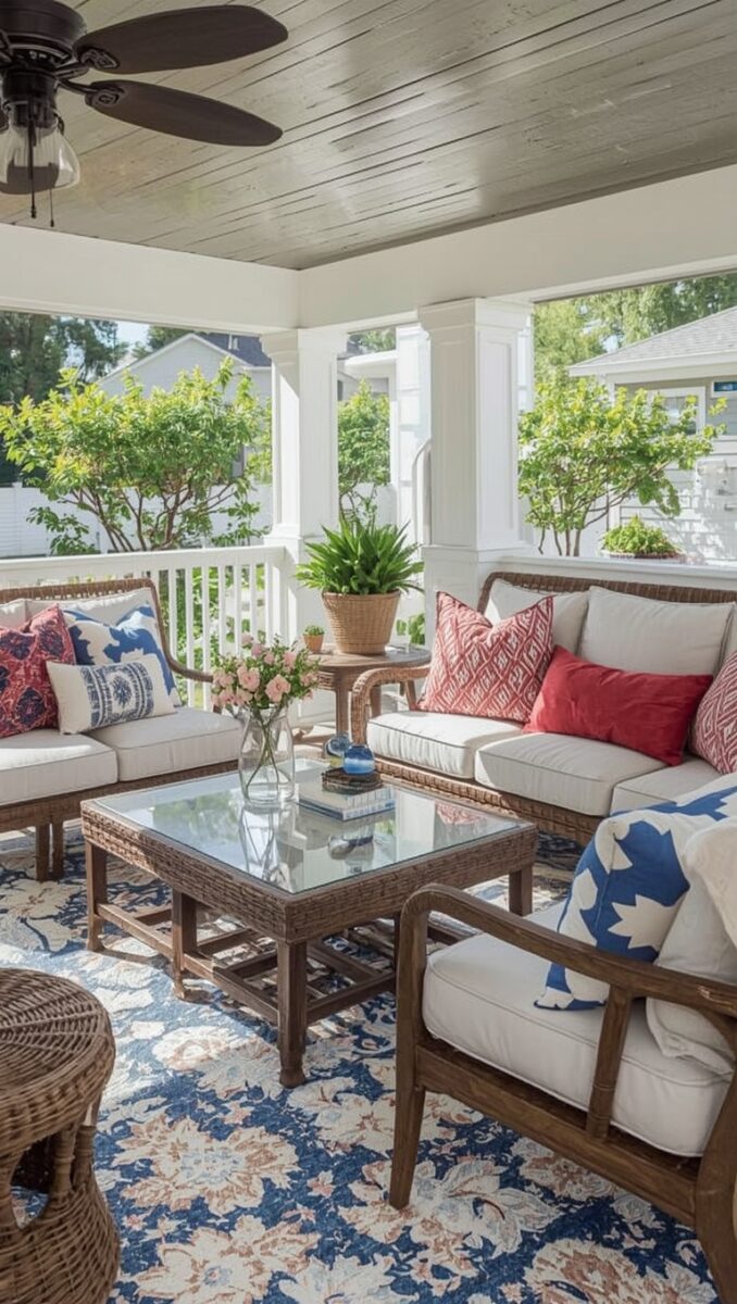 Covered porch with wicker sofas, red and blue pillows, glass coffee table, floral rug, and ceiling fan