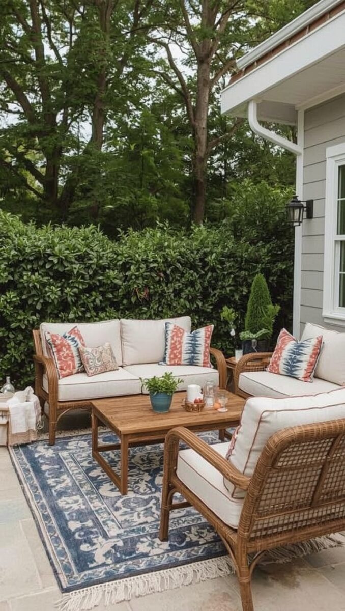 Cozy outdoor patio with rattan furniture, cream cushions, colorful pillows, wood coffee table, and blue floral rug surrounded by lush greenery