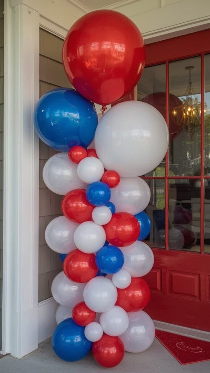 Red, white, and blue balloon column tower next to a red front door entrance for patriotic decoration