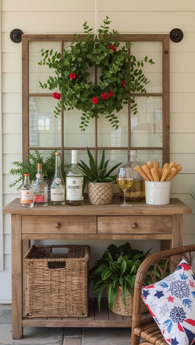 Rustic farmhouse porch bar with wooden console table, liquor bottles, plants, wicker baskets, and green floral wreath on vintage window frame