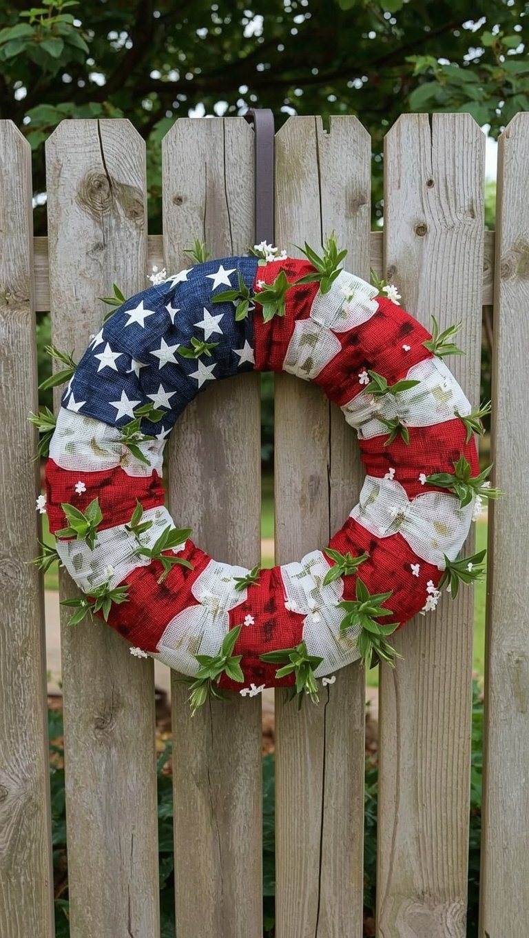 Patriotic red white and blue American flag wreath with green leaves and white flowers on wooden picket fence
