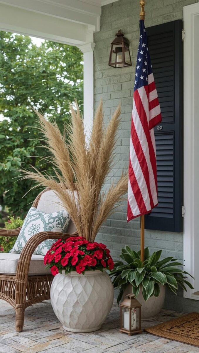 Patriotic front porch with American flag, red impatiens in white pot, pampas grass, wicker chair, and navy shutters