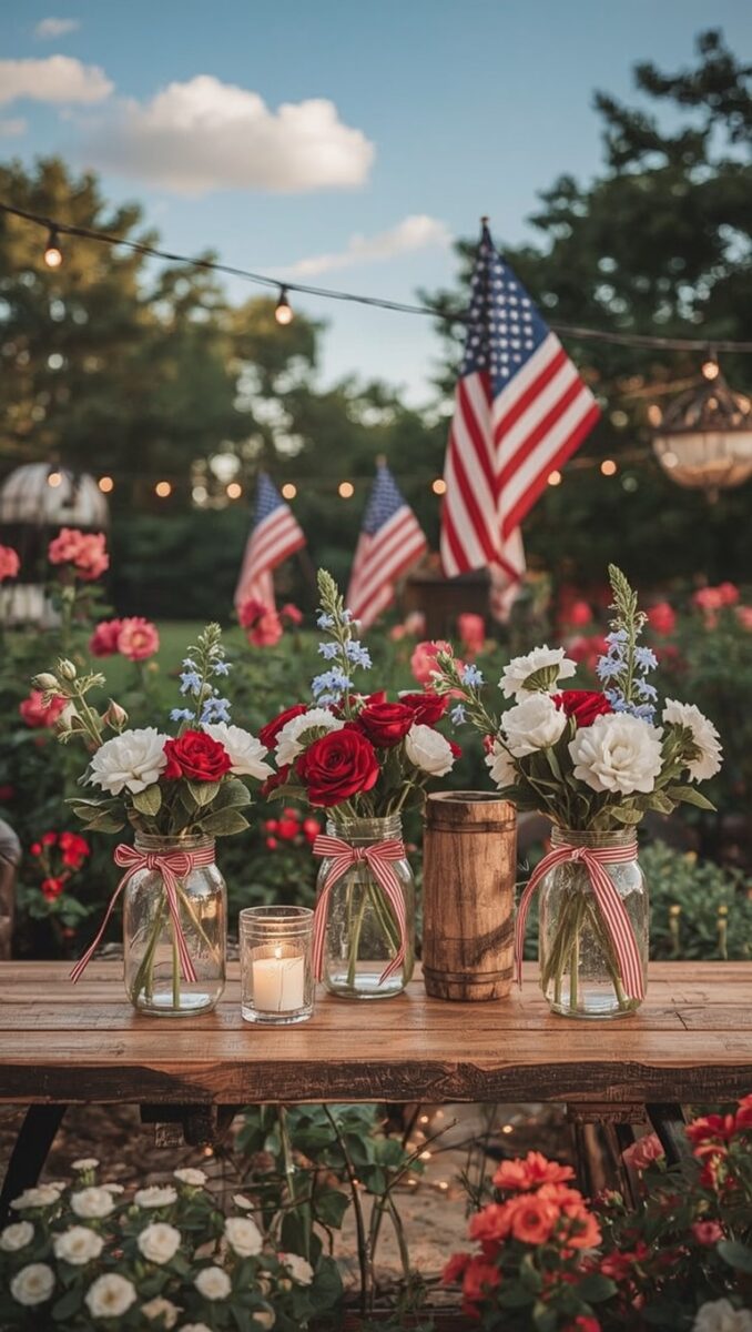 Patriotic mason jar flower arrangements with red roses, white carnations, and blue flowers on rustic wooden table with American flags