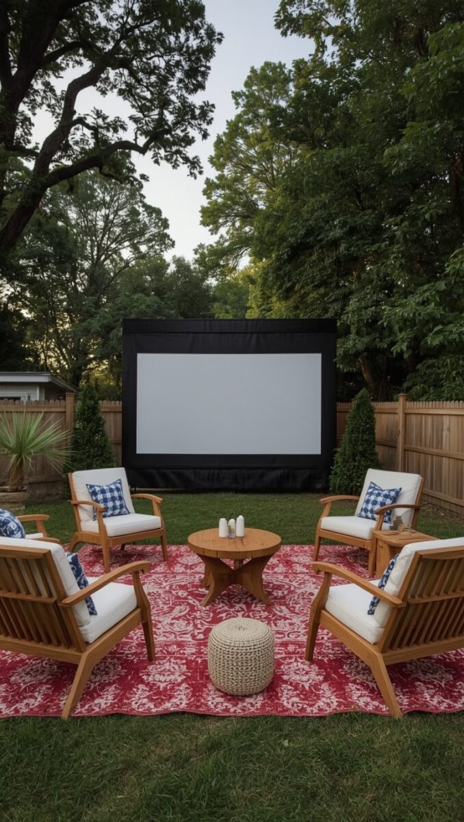 Backyard outdoor movie setup with four wooden chairs, red patterned rug, round table, and large projection screen