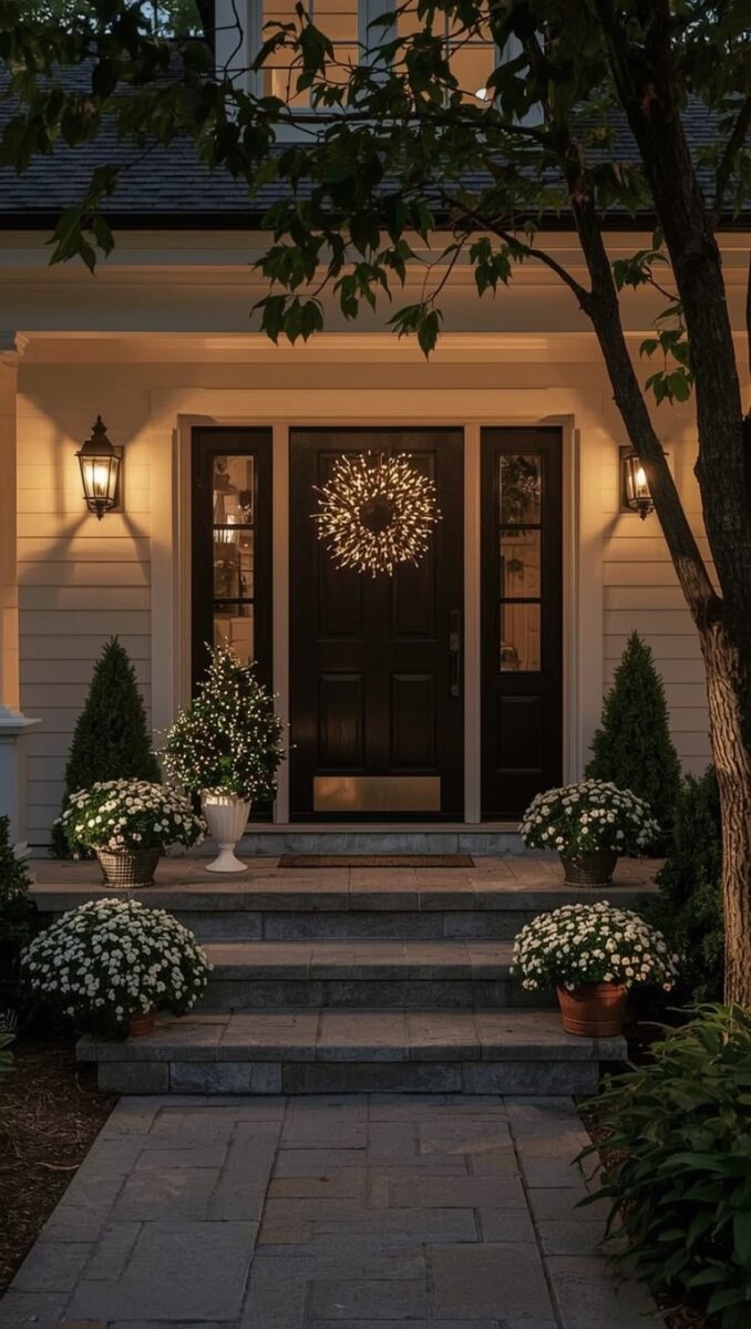 Elegant home front entrance at dusk with black door, lighted wreath, wall lanterns, white mums, and stone steps