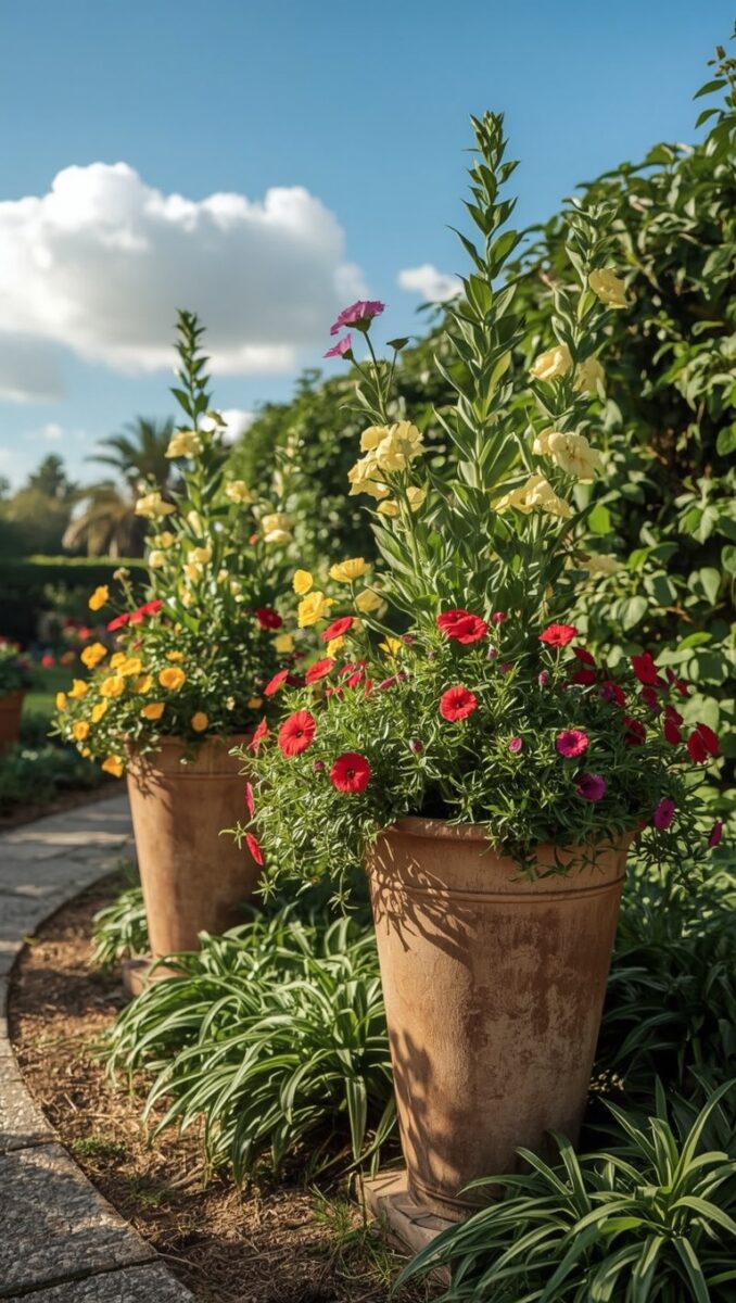 Two large terracotta pots with red, yellow, and purple flowers beside a stone garden path