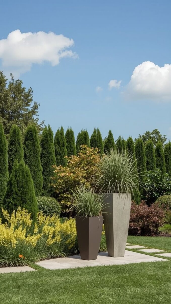 Two tall modern concrete planters with ornamental grass on a stone patio surrounded by lush garden landscaping