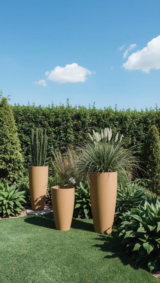Two tall taupe cone-shaped planters with ornamental grasses on a manicured lawn surrounded by hostas and hedges