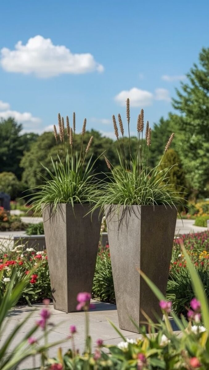 Two tall tapered stone-finish planters with ornamental grass and seed heads on a garden patio surrounded by colorful flowers