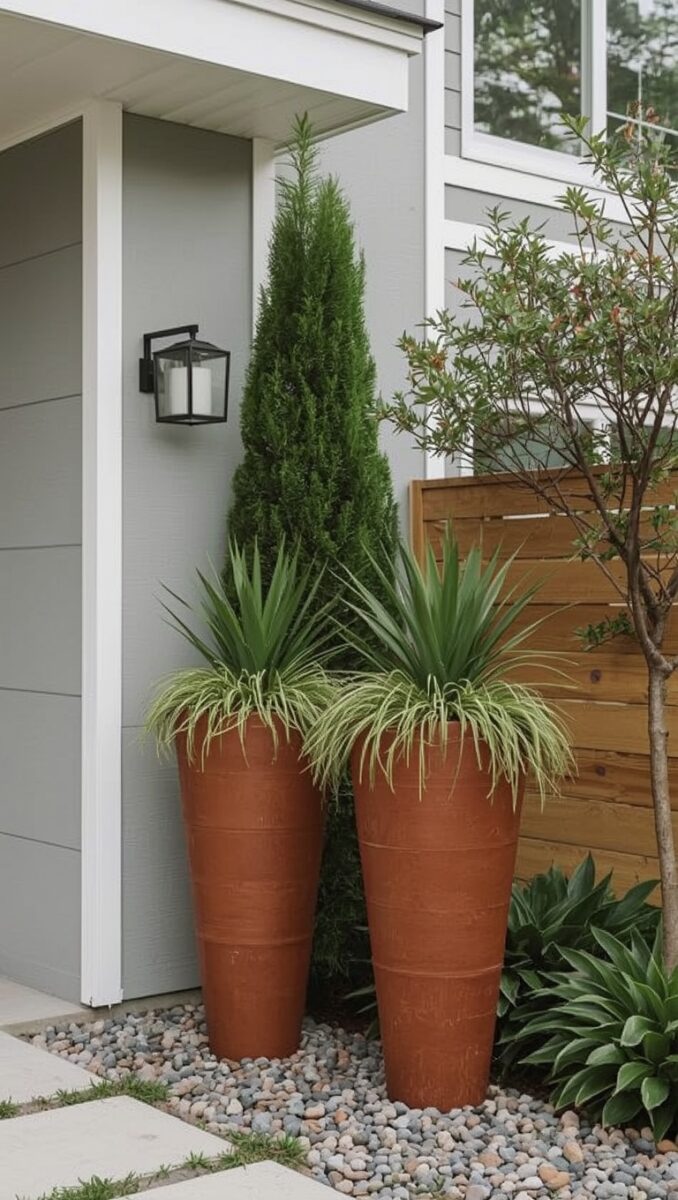 Two tall terracotta planters with evergreen cypress, yucca, and ornamental grass at modern home entrance