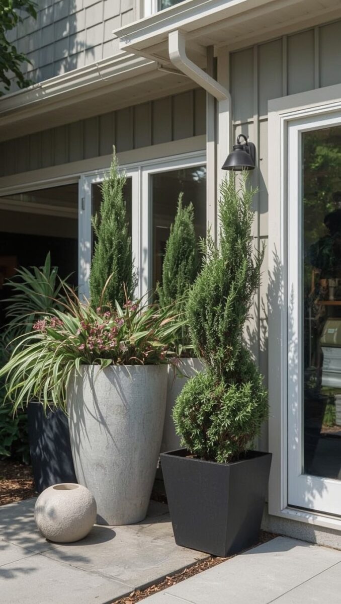 Modern home entrance with large white concrete planter and black square pot featuring tall cypress trees and ornamental grasses