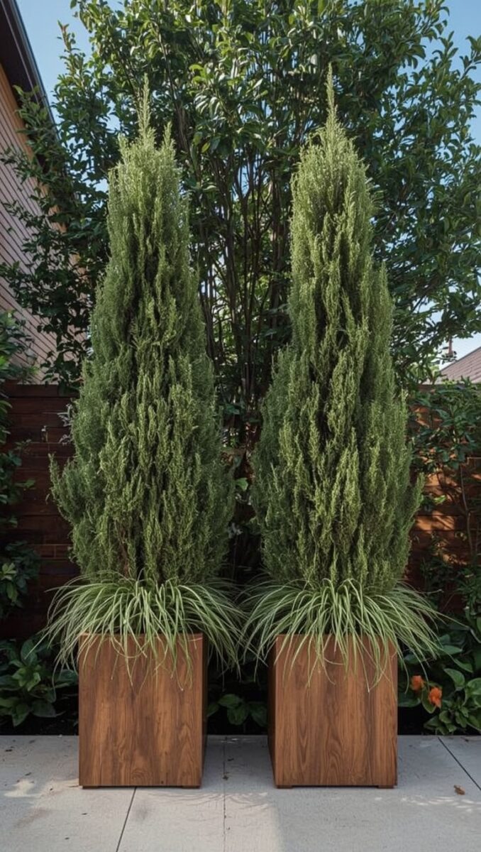 Two tall columnar cypress trees in modern wooden square planters with ornamental grass on a patio