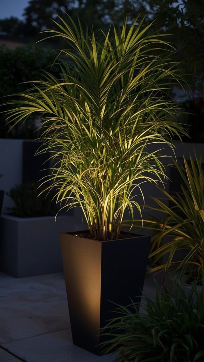 Tall ornamental grass in black square planter pot illuminated by warm uplighting at night in modern garden