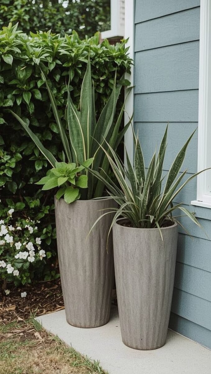 Two tall gray cylindrical planters with snake plants on a concrete porch beside a blue house exterior