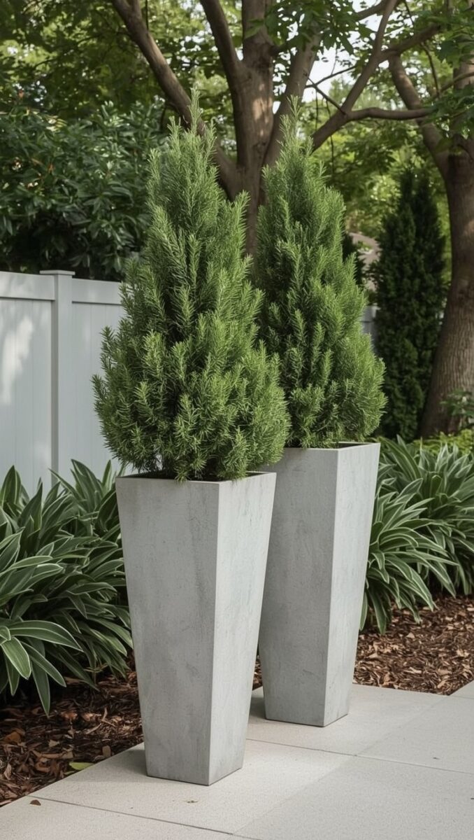 Two tall concrete planters with conical evergreen shrubs on a patio surrounded by hostas and mulched garden beds