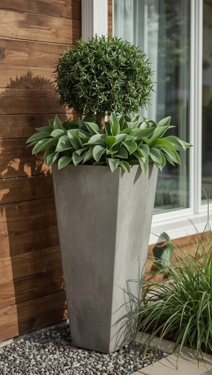 Tall gray concrete planter with hosta groundcover and round topiary standard on pebble garden bed beside wooden wall