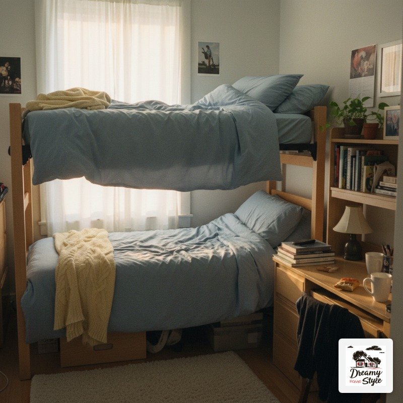 Cozy college dorm room with wooden bunk beds, light blue bedding, yellow knit throw, and built-in bookshelf with desk