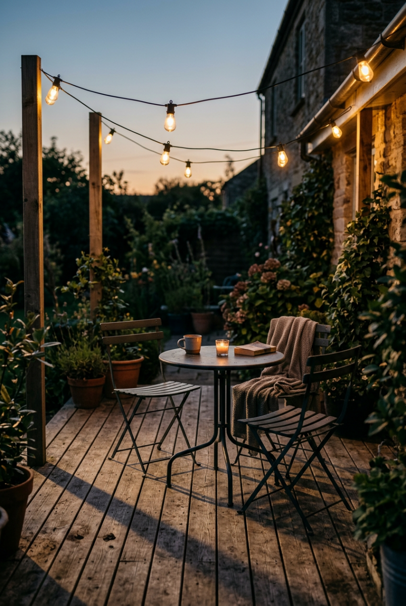 Cozy garden patio at dusk with Edison string lights, bistro table, two folding chairs, candle, mug, and lush greenery