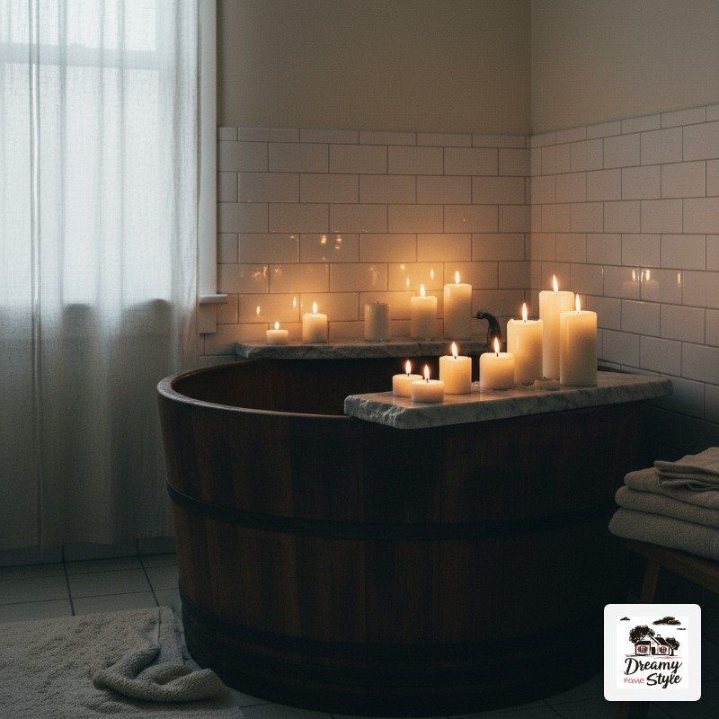 Wooden barrel soaking tub surrounded by lit white pillar candles in a bathroom with white subway tiles