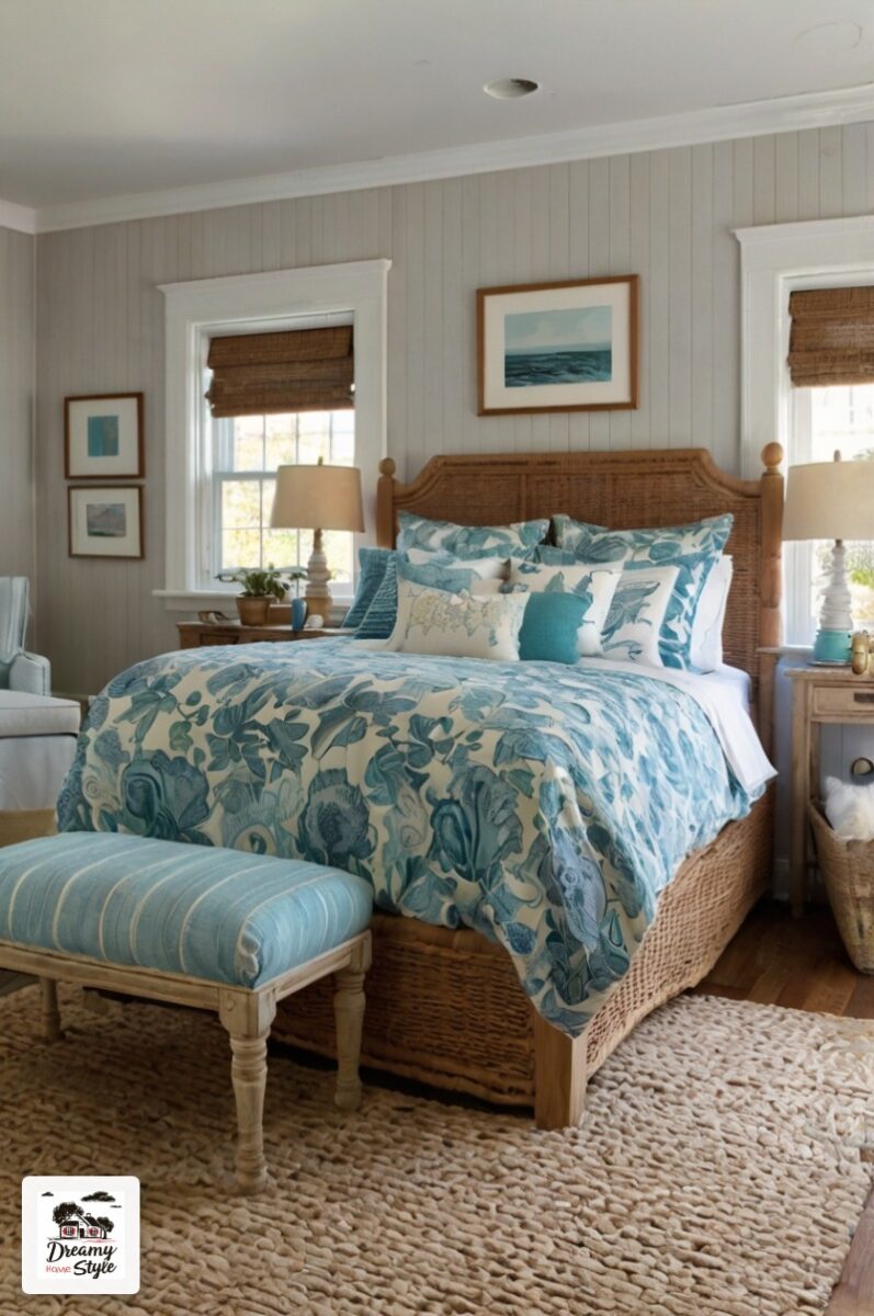 Coastal bedroom with turquoise floral bedding, rattan bed frame, bamboo shades, and beach-themed decor