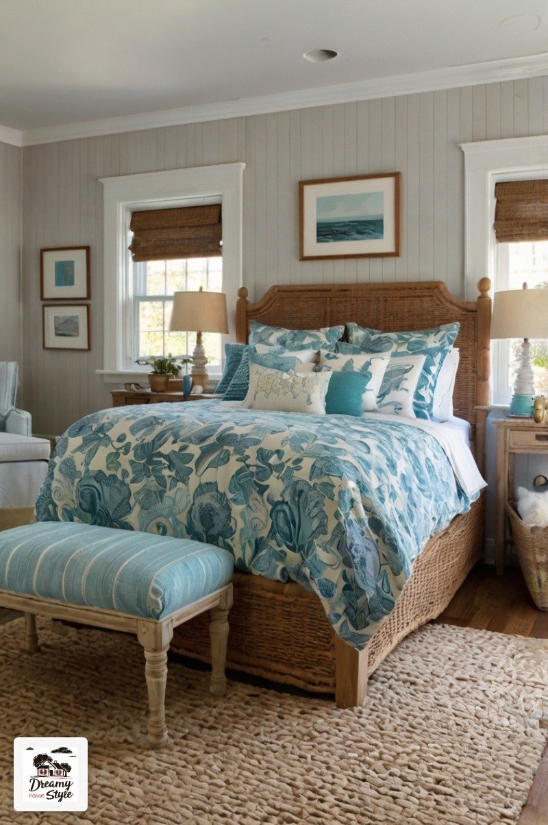 Coastal bedroom with turquoise floral bedding, rattan bed frame, bamboo shades, and beach-themed decor
