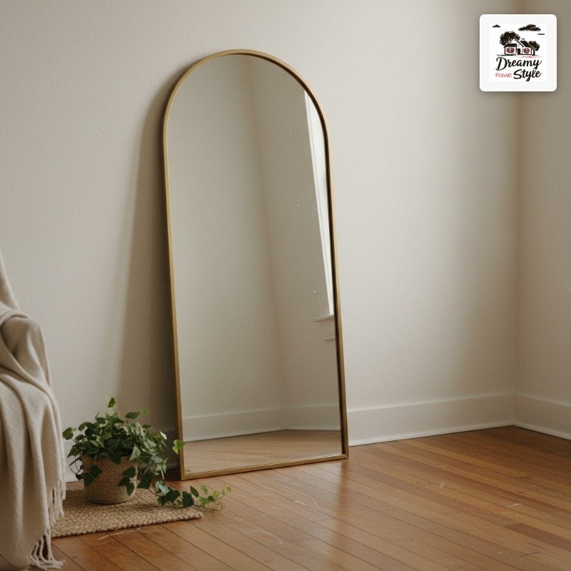 Large gold arched floor mirror leaning against white wall with small green plant in wicker basket nearby