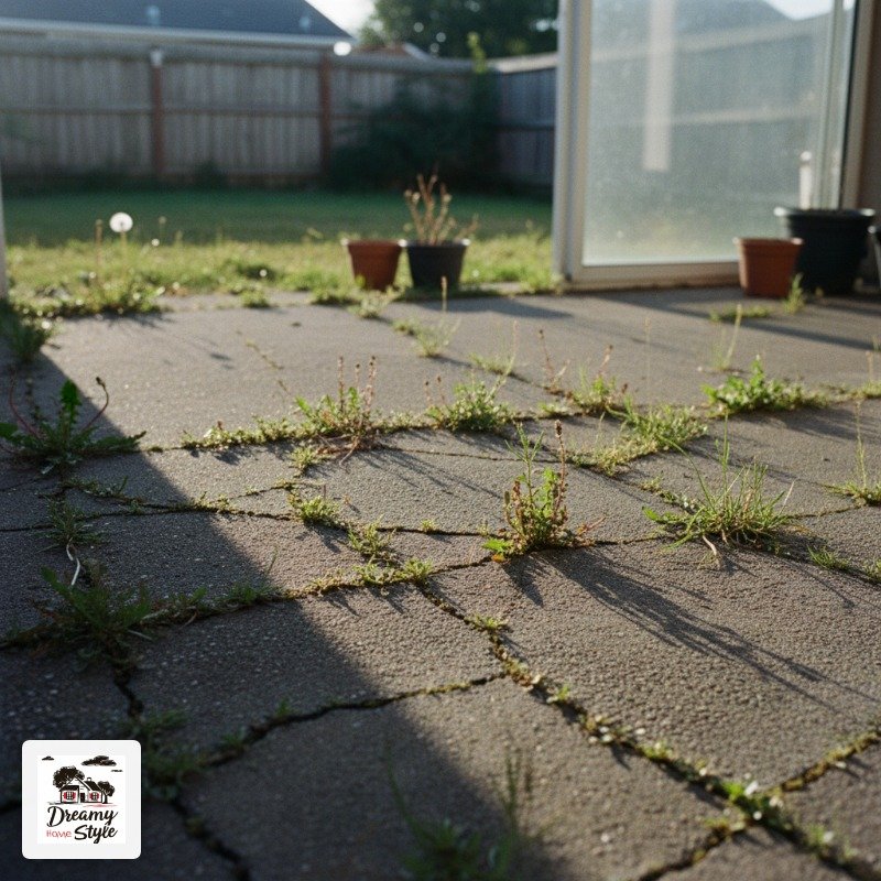 Weeds growing through cracks between concrete patio pavers in a backyard with potted plants and wooden fence