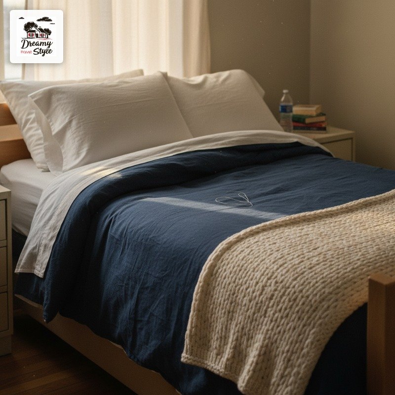 Neatly made bed with navy blue duvet, white pillows, and chunky knit throw blanket in a cozy bedroom