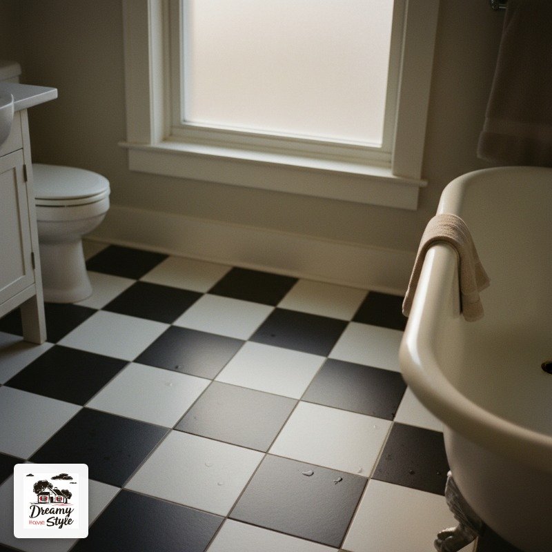 Classic bathroom with black and white checkered floor tiles, clawfoot bathtub, toilet, and frosted window