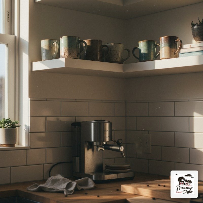 Espresso machine on wooden counter with rustic ceramic mugs on floating shelves in a sunlit kitchen corner