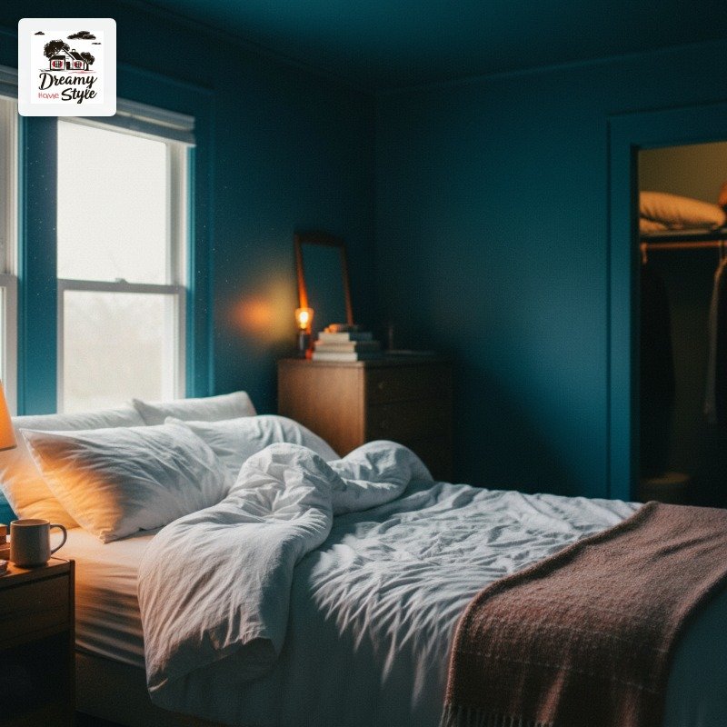 Cozy bedroom with teal blue walls, unmade white bedding, warm lamp light, and wooden dresser by window