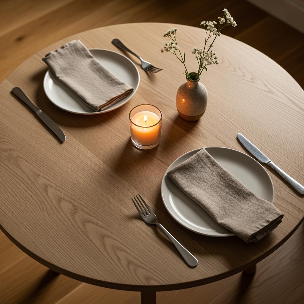 Minimalist round wooden table set for two with white plates, linen napkins, candle, and small floral vase