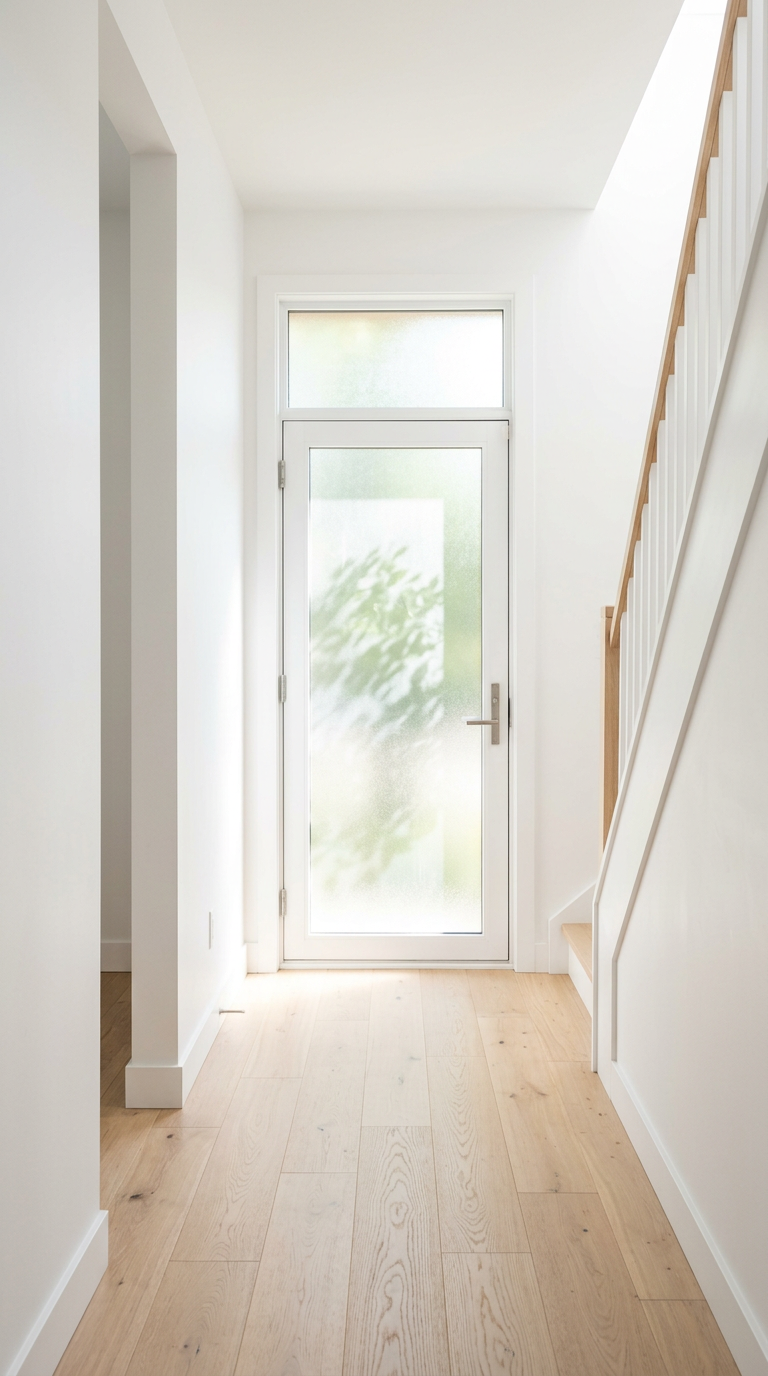 Bright minimalist hallway with white walls, light oak hardwood floors, glass-paneled front door with transom window, and staircase